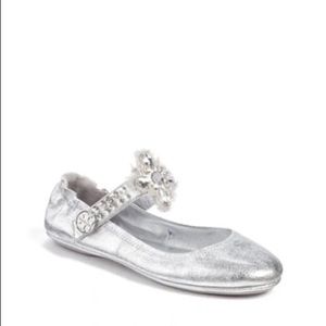 Women’s Tory Burch Minnie Embellished Strap Ballet Flat 6M Silver Leather